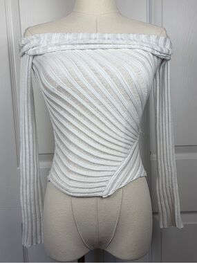 Princess Polly Off-Shoulder White Ribbed Knit Sweater